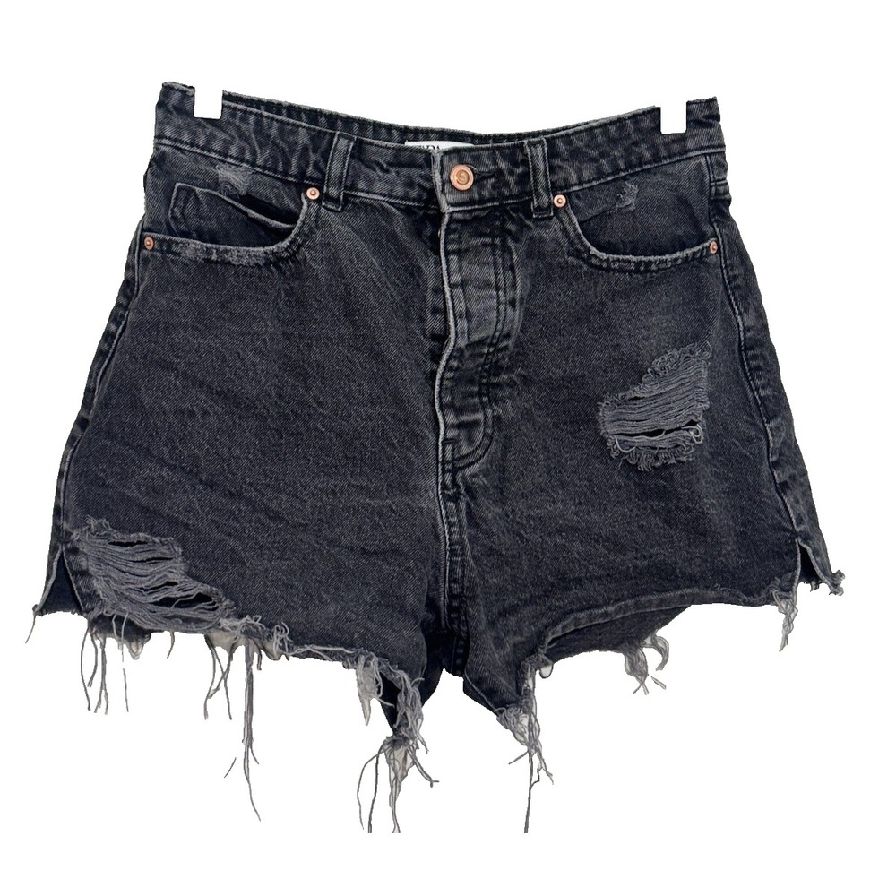 ZARA Womens High Rise Jean Shorts Size 8‎ Black Destressed  100% Cotton Denim